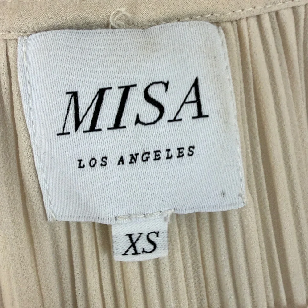 MISA Los Angeles Blouse Womens XS Cream Pleated V-Neck Tie Tassel Ruffle Cuff - Picture 7 of 14